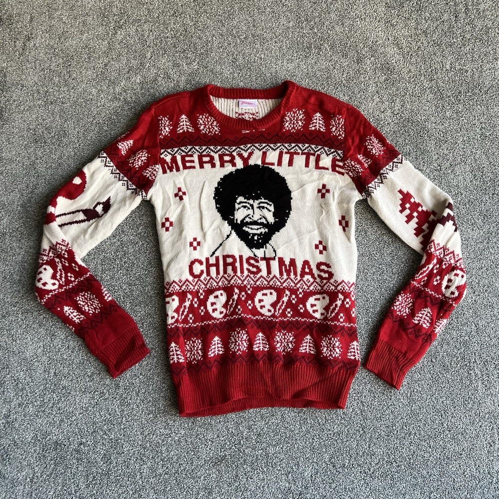 Bob Ross Mens Small Merry Little Christmas Ugly Christmas Sweater Red Pullover